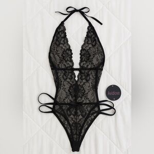 🖤 Avidlove Black Lace Halter Teddy with Rhinestone Accent — Size S — NWT
